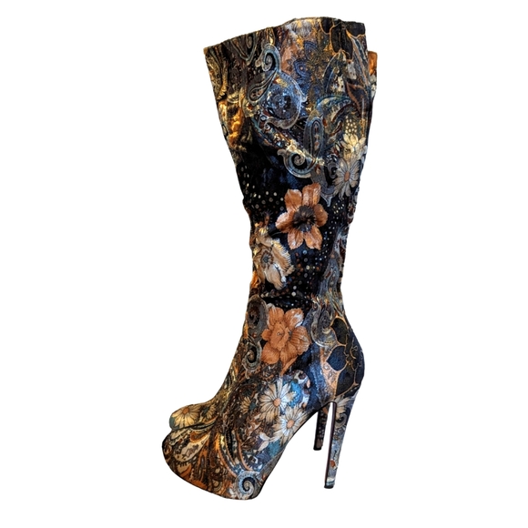 Bucco Italy Saturn Tall Knee High Floral Velvet Platform Boots Size 10 - Picture 1 of 10
